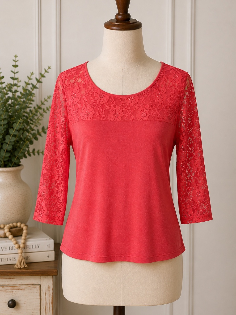 Loveappella Sheana Lace Knit Top Medium Coral 3/4 Sleeve Floral Lace Blouse NWT